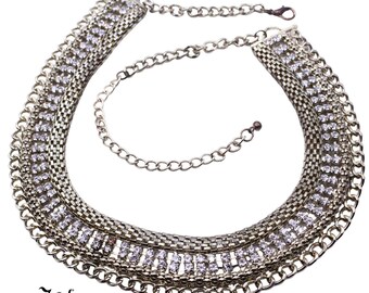 Vintage Gold Tone Rhinestone Mesh Chain Statement Necklace 25" Glam - Hey Viv