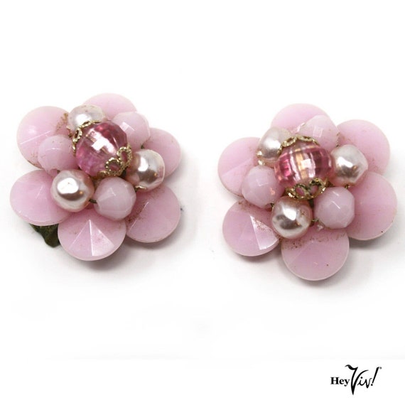 Vintage Pink Pearly Bead Clip On Earrings - W Ger… - image 1