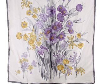 Vintage Iris Spring Flowers Floral Silk Scarf Purple Yellow Cream 28" - Hey Viv