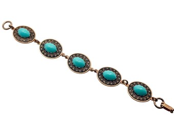 Vintage 70s 80s Copper Tone Etched Bracelet Turquoise Blue Cabochons - Hey Viv