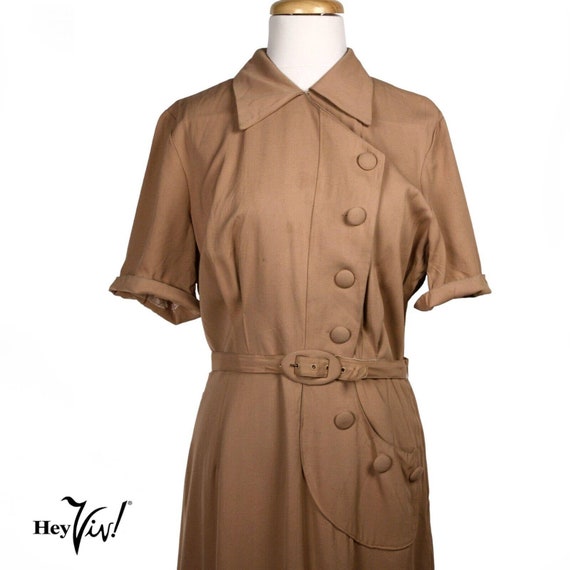 Vintage 40s WWII Cocoa Brown Gabardine Dress Big … - image 3