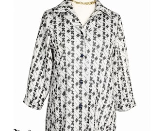 Vintage Black White Geometric Knit Jacket Top Cool Buttons & Pockets L - Hey Viv