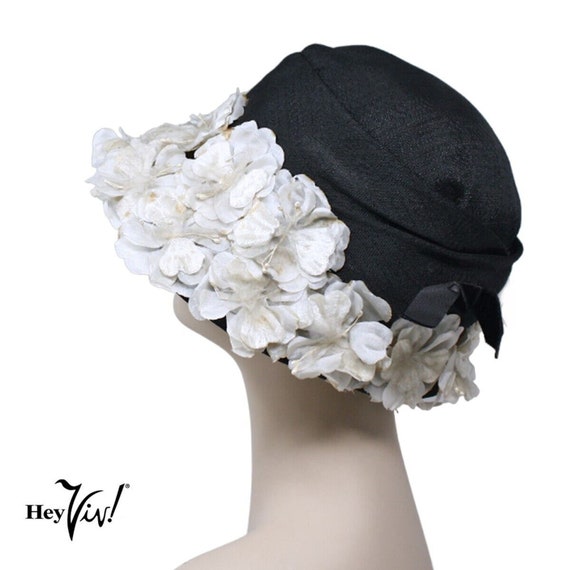 Vintage Black with White Flowers Bucket Cloche Fl… - image 2