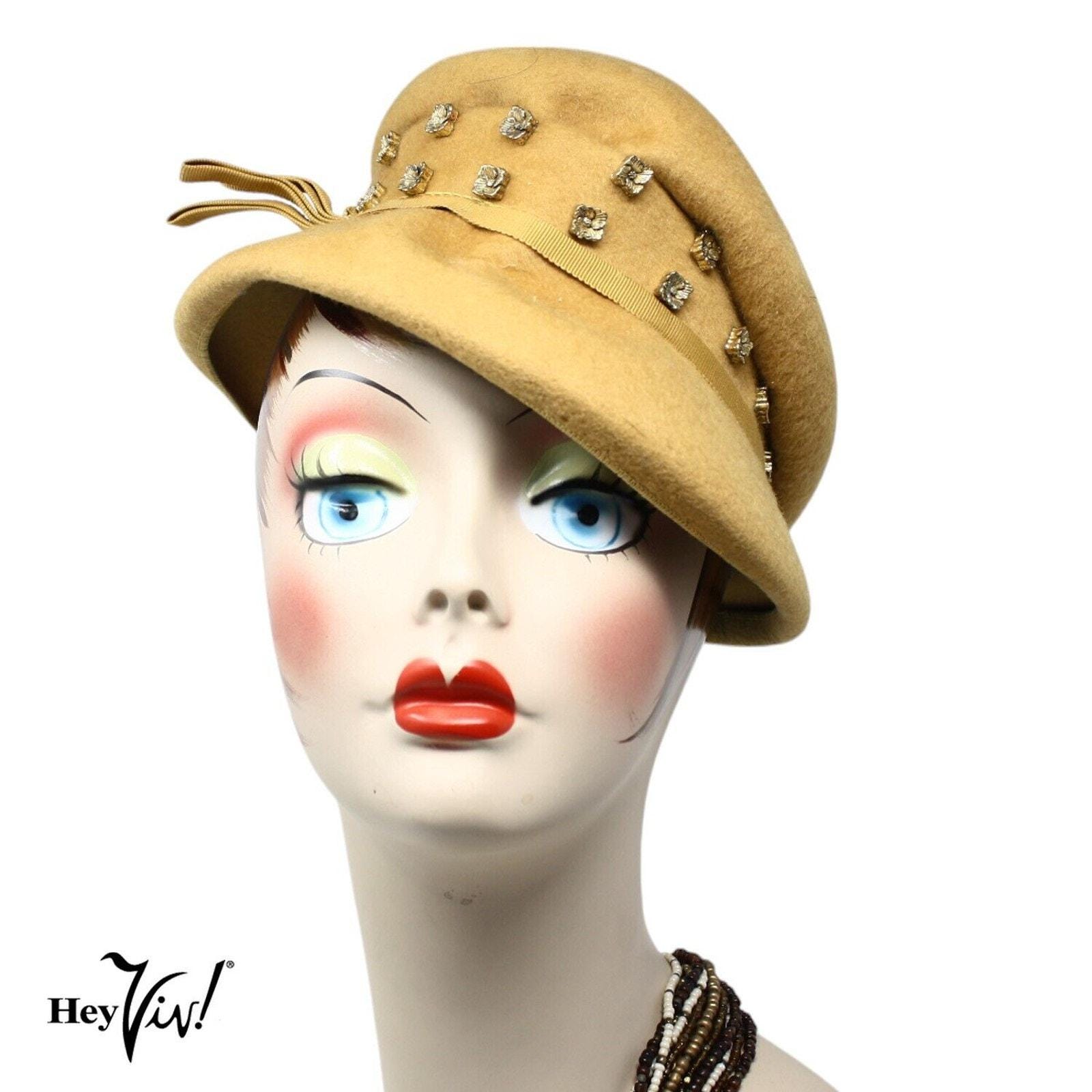 Vintage 40s Shaped Gold Felt Hat W Metal Flower Studs Henry 