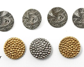 Lot of 7 Vintage Stamped Metal on Black Glass Buttons w Leaf Dot Motif - Hey Viv