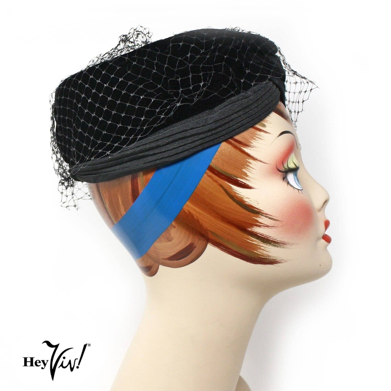 Vintage Black Velvet Pillbox Turban Hat W Veil Cocktail  display picture 1