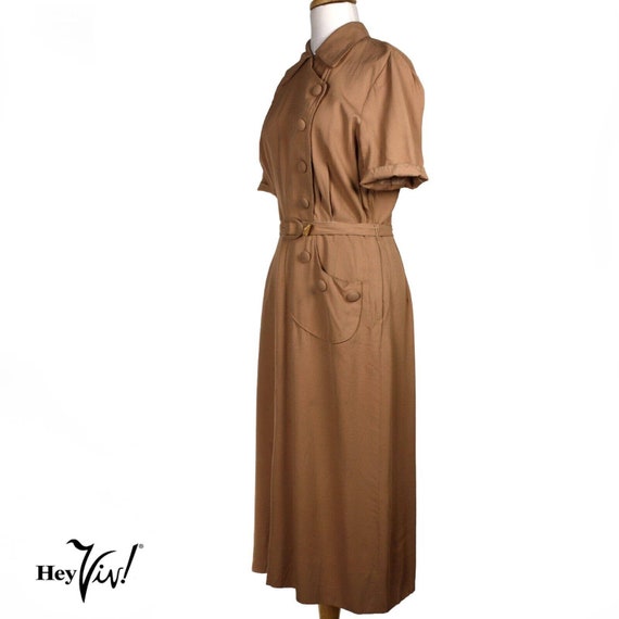 Vintage 40s WWII Cocoa Brown Gabardine Dress Big … - image 2