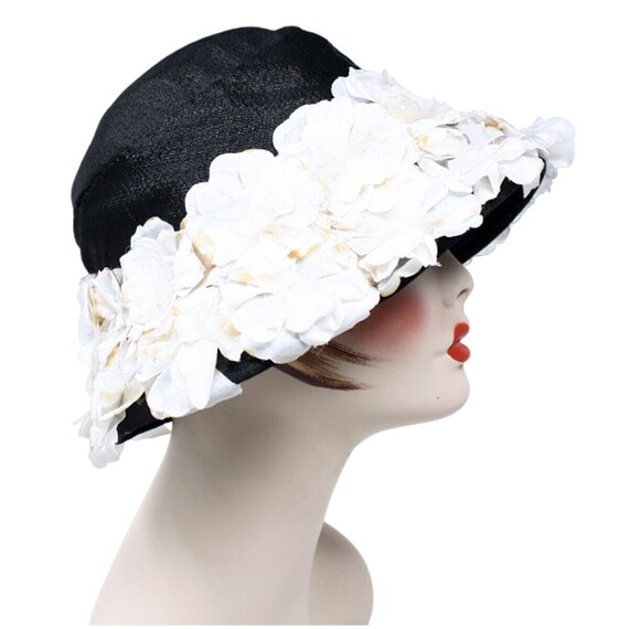 Vintage Black with White Flowers Bucket Cloche Fl… - image 4