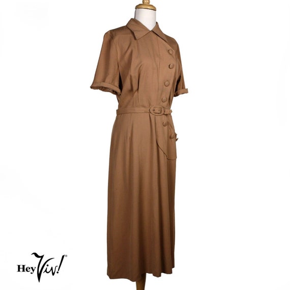 Vintage 40s WWII Cocoa Brown Gabardine Dress Big … - image 1