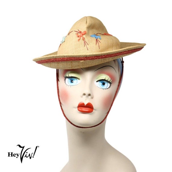 Vintage Child Size Straw Hat w Plastic Indian Fig… - image 2