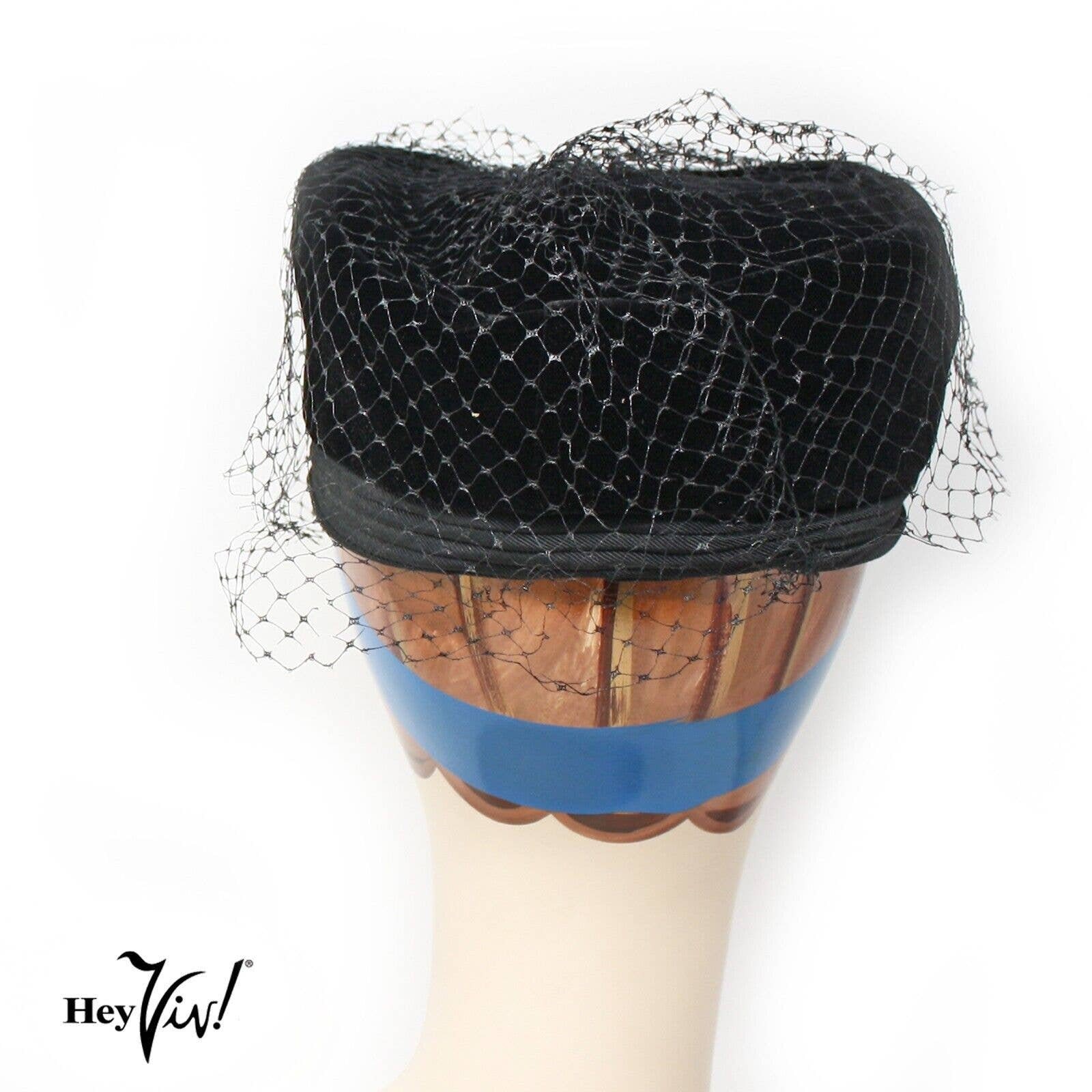 Vintage Black Velvet Pillbox Turban Hat W Veil Cocktail  display picture 2