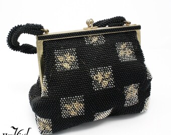 Vintage 50s Evening Purse Black & Clear Beads over Gold Embroidery 8x7 - Hey Viv