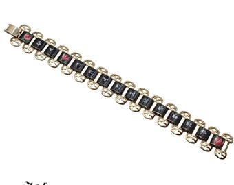 Vintage St Petersburg Bracelet Black Enamel Roses Gold Tone Souvenir 7" - Hey Viv