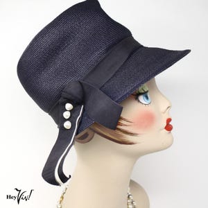Vintage 50s Navy Cloche Hat White Button Trim Ribbon Bow Union Tag - Hey Viv Navy Cloche Hat - Etsy main image 4