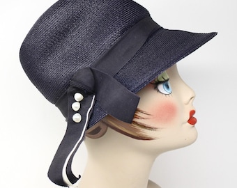 Vintage 50s Navy Cloche Hat White Button Trim Ribbon Bow Union Tag - Hey Viv