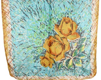 Vintage Silk Scarf 30x34 Large Floral Abstract Roses Blue Orange Flowy - Hey Viv