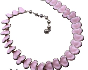 Vintage Pink Plastic Heart Link Choker Necklace 16" Gold Tone Flexible - Hey Viv