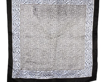 Vintage Silk Scarf Black Blue White Floral Border Print 20" Square - Hey Viv