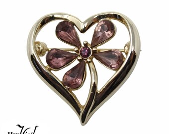 Vintage Monet Heart Pin w Lilac Purple Rhinestone Flower in Middle 1" - Hey Viv