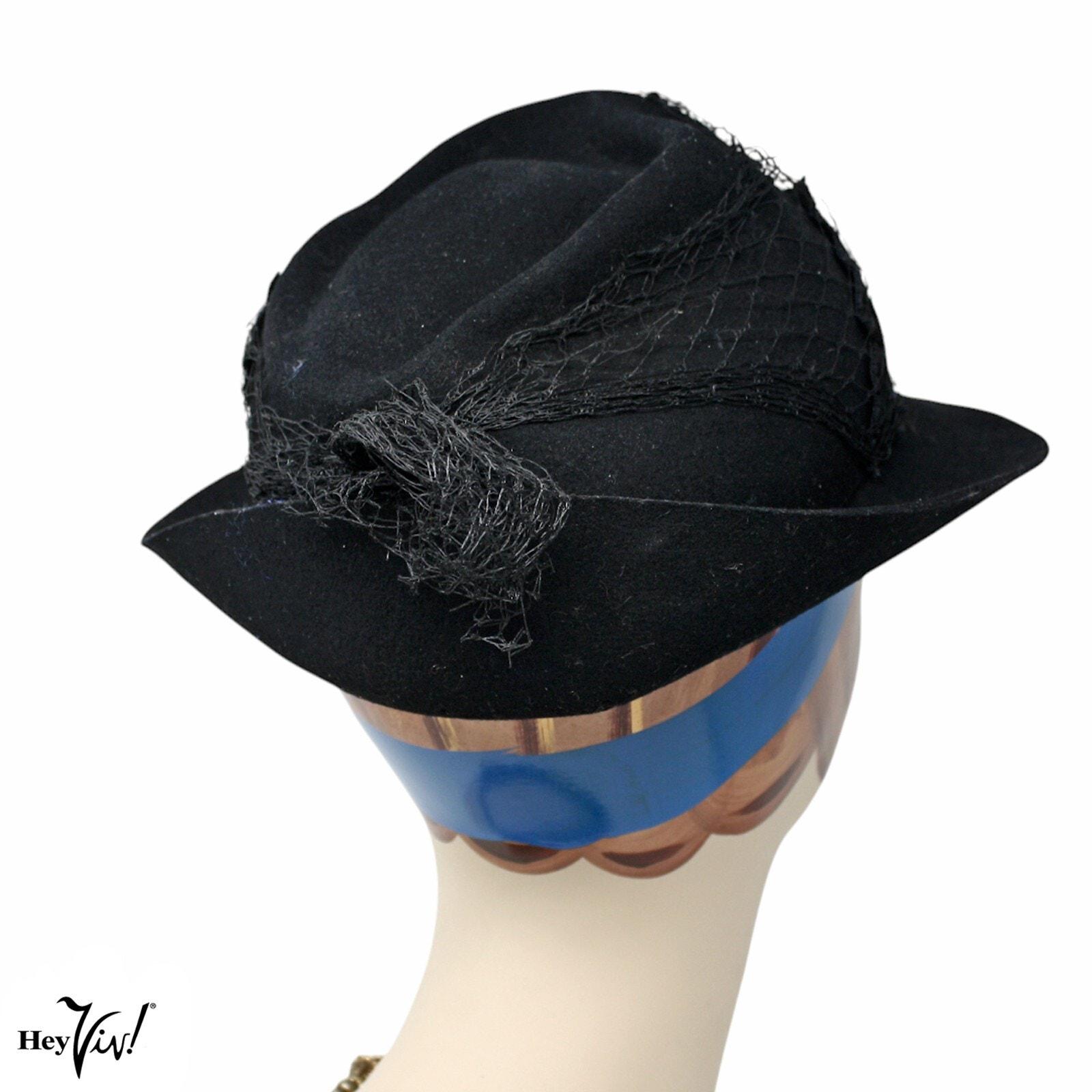 1940s Black Veiled Tilt Hat Velvet Bow Old Hollywood Cocktail Netted il_fullxfull.7790498250_921g.jpg main image 2