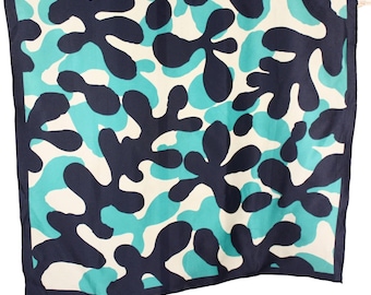Vintage Scarf Abstract Amoeba Print Acetate Navy Turquoise Mod Japan 28x30 - Hey Viv