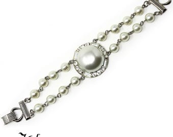 Vintage Double Strand Faux Pearl Rhinestone Bracelet Mid Century Deco - Hey Viv