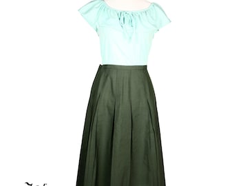 Vintage 70s Sears Mary Lewis Green Pleated Cotton Skirt Midi Sz S W28 - Hey Viv