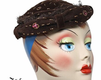 Vintage 40s 50s Brown Felt Hat w Beads Sequins Doyle-Knower Co Utica NY- Hey Viv
