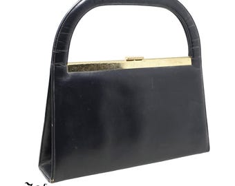 Vintage 50s Navy Blue Structured Handbag Metal Frame Top Handle Purse - Hey Viv