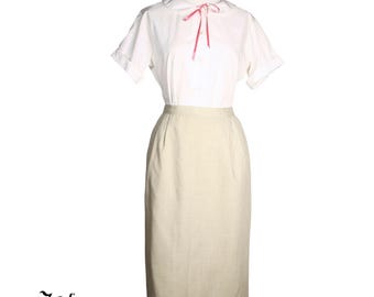 Vintage Ivory Linen Blend Pencil Skirt Size 16 Fully Lined Classic Career - Hey Viv