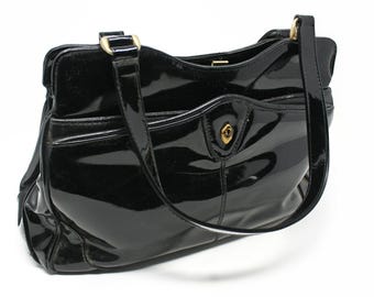 Vintage Almondo Originals Black Patent Leather Style Purse Handbag 13x8 - Hey Viv