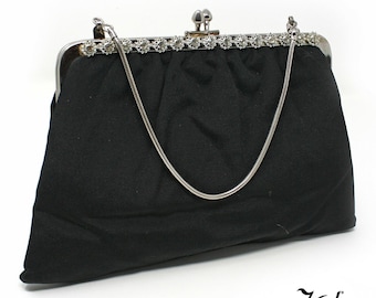 Bolso de cóctel/noche vintage de los años 50, color negro faille con detalles de pedrería, 9x6 - Hey Viv