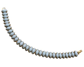 Vintage 1950s Blue Milk Glass Navette Bracelet Gold Tone 7" Long - Hey Viv