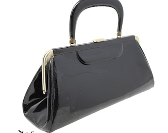 Vintage Black Patent Handbag Structured Frame Top Handle Purse 14" - Hey Viv