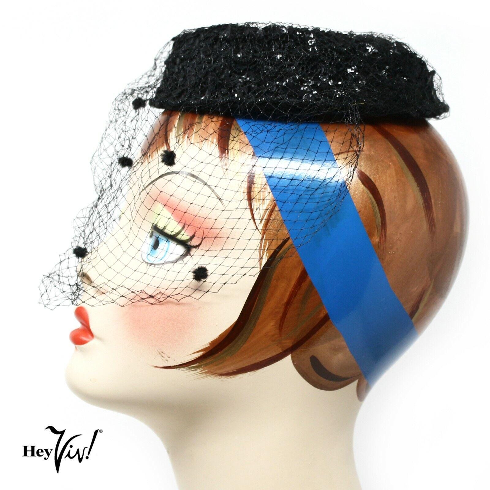 Vintage Black Sequin Ring Halo Hat W Veil Cocktail  display picture 3