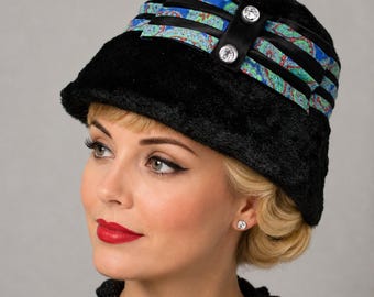 Vintage Black Plush Bucket Hat w Paisley and Black Satin Trim and Bow - Hey Viv