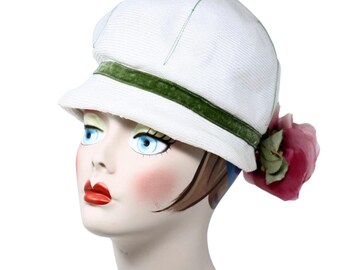 Vintage 1960s Mr John Classic Mod White Straw Cloche Hat w Pink Rose - Hey Viv