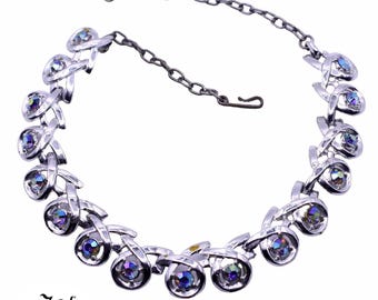 Vintage AB Rhinestone Necklace 16" Choker Aurora Borealis Silver Metal - Hey Viv