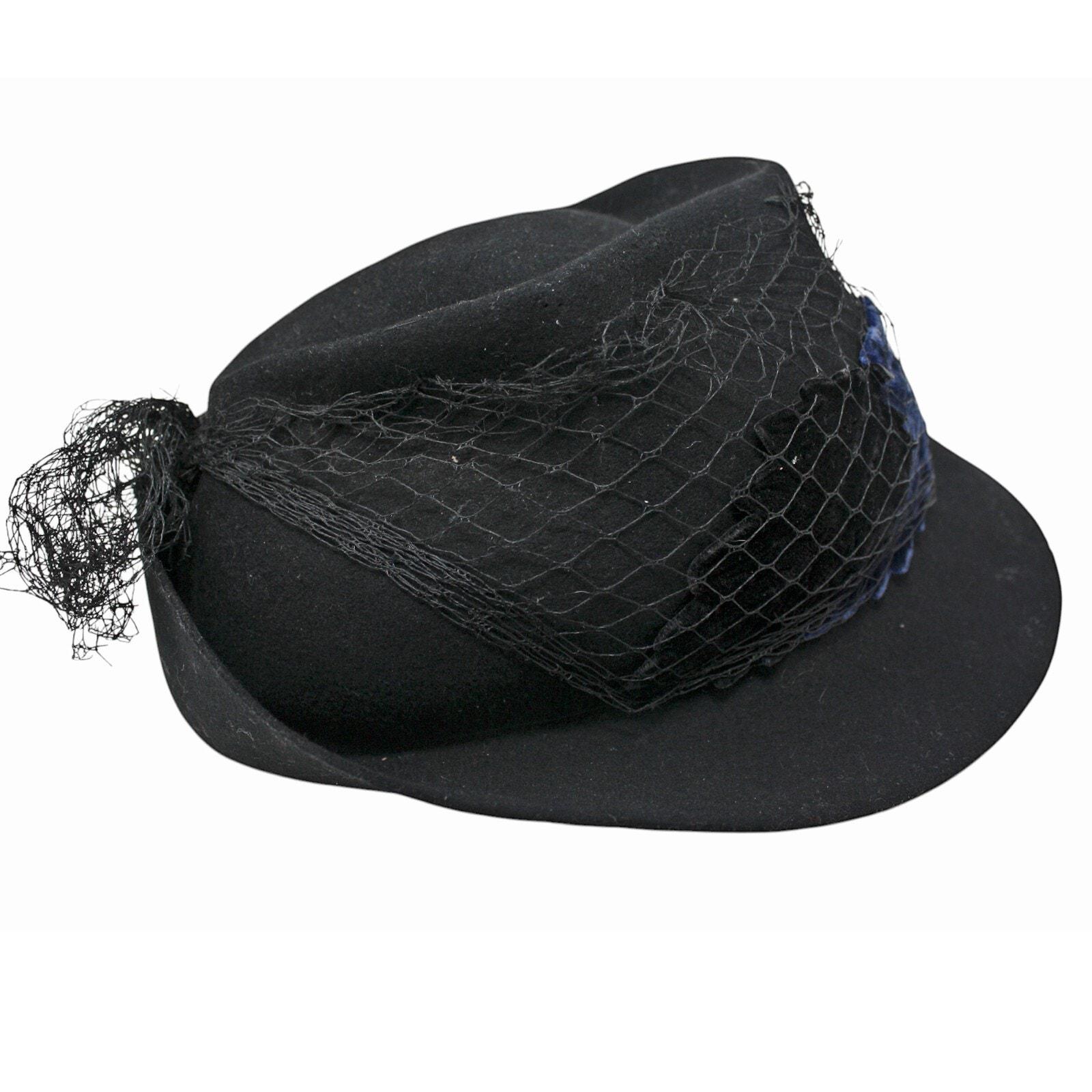 Vintage 1940s Hat Black Shaped Wide Brim W Velvet Appliques  display picture 2