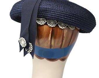Vintage Marche Exclusive Navy Wide Straw Hat w Lace Ribbon Church Tea - Hey Viv