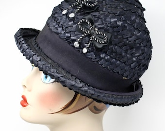 Vintage Black Woven Straw Hat Neiman Marcus with Rhinestone Bow Detail – Hey Viv