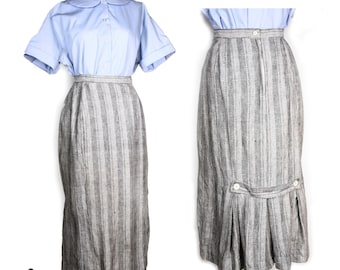 Vintage Early 80s Gray Stripe High Waist Midi Skirt Gathered Back Sz 9 - Hey Viv