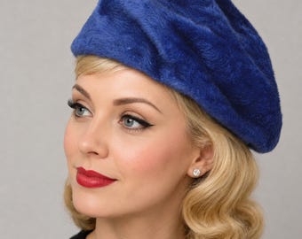 Vintage Suzanne Mode Duchess Blue Faux Fur Beret Style Hat Body Italy - Hey Viv