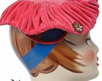 Vintage 50s Pink Gathered Velvet Tilt Platter Hat Sequin Bead Accents - Hey Viv