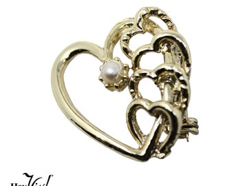 Vintage Heart Scatter Pin w Linked Hearts and Center Pearl 1" Across - Hey Viv