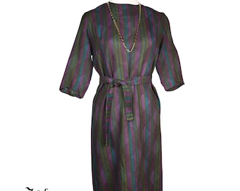 Vintage 80s Jewel Tone Stripe Midi Dress Belted Purple Teal Green Sz L - Hey Viv