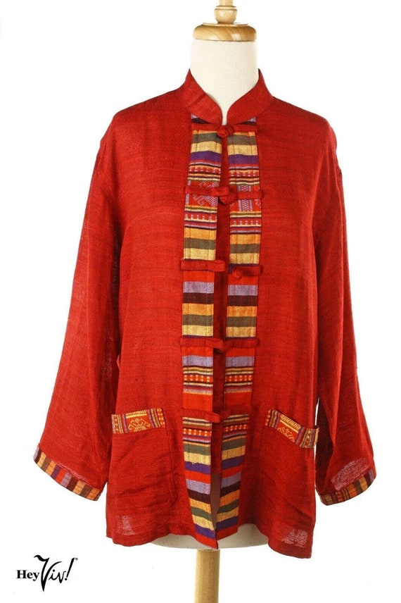 Vintage Red Oriental Style Jacket Colorful Trim Ma