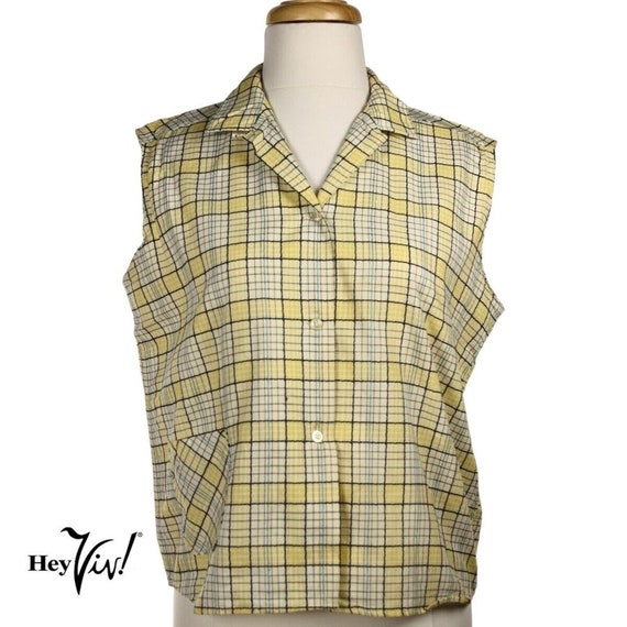 Vintage 50s Lady Sutton Yellow Plaid Cotton Sleev… - image 1