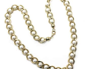 Vintage Faux Pearl Gold Tone Link Necklace Chunky Statement Jewelry 25" - Hey Viv