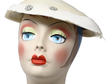 Vintage 50s Ivory Platter Hat w Rhinestone & Pleated Trim 11" Across - Hey Viv